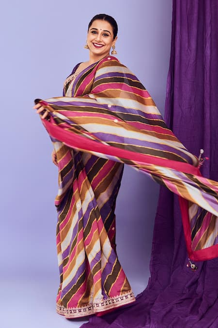 Punit Balana_Pink Organza Silk And Embroidery Stripe & Marodi Saree With Blouse _Online_at_Aza_Fashions