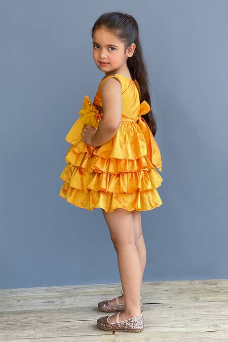 Buy Pinkcow designs pvt ltd Yellow Taffeta, Crepe Glitter, Embroidery Flower Embellished Ruffle Dress Online at Aza Fashions Buy_Pinkcow designs pvt ltd_Yellow Taffeta, Crepe Glitter, Embroidery Flower Embellished Ruffle Dress _Online_at_Aza_Fashions