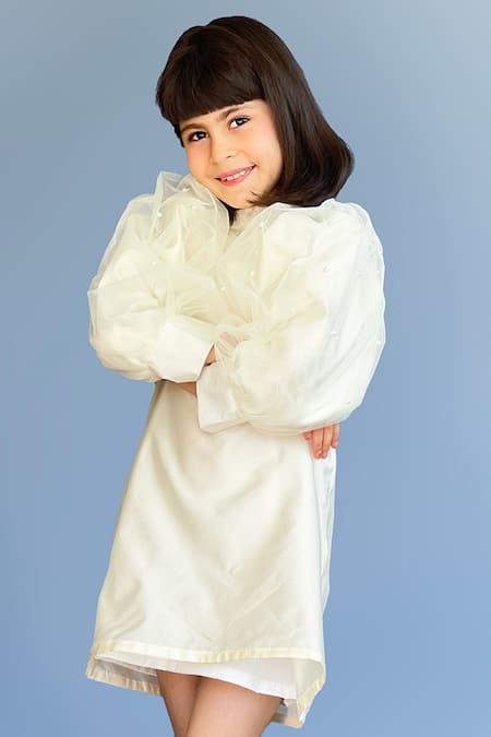 Buy Pinkcow designs pvt ltd Cream Tulle, Taffeta Pearls Puffed Sleeve A-line Dress Online at Aza Fashions Buy_Pinkcow designs pvt ltd_Cream Tulle, Taffeta Pearls Puffed Sleeve A-line Dress _Online_at_Aza_Fashions