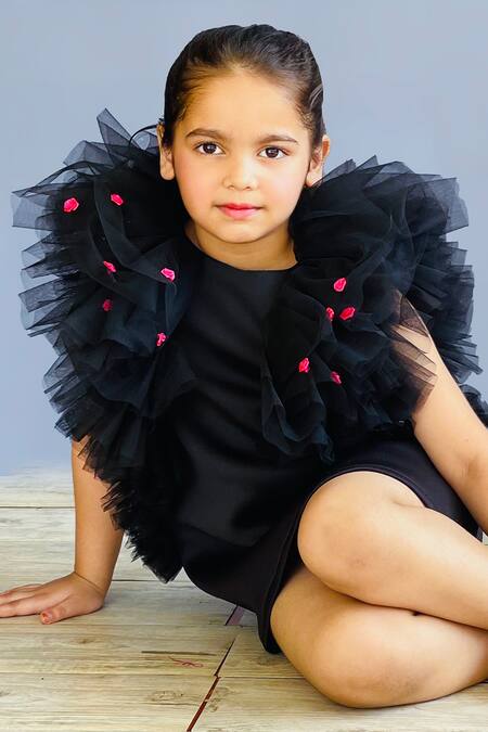 Pinkcow designs pvt ltd_Black Neoprene, Net Embroidery Embellished Roses Frill Dress _Online_at_Aza_Fashions