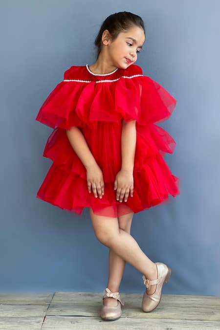 Shop Pinkcow designs pvt ltd Red Velvet, Net, Crepe Pearls Frill Layered Dress Online at Aza Fashions Shop_Pinkcow designs pvt ltd_Red Velvet, Net, Crepe Pearls Frill Layered Dress _Online_at_Aza_Fashions