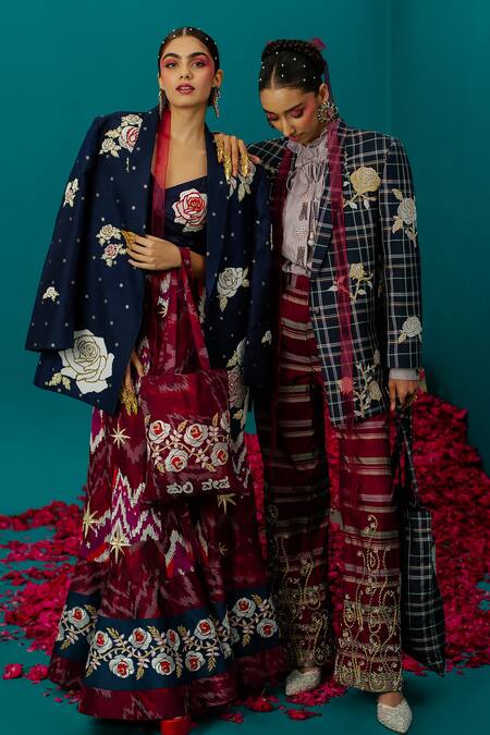 LATHA PUTTANNA Blue Karnataka Silk Embroidered Checkered Notched Woven And Jacket Online at Aza Fashions LATHA PUTTANNA_Blue Karnataka Silk Embroidered Checkered Notched Woven And Jacket _Online_at_Aza_Fashions