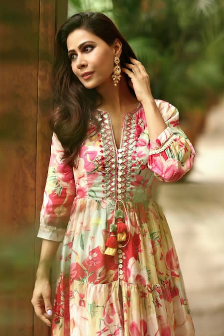 Gopi Vaid_Multi Color Kurta Silk Pant Round Layered Printed And Set _Online_at_Aza_Fashions