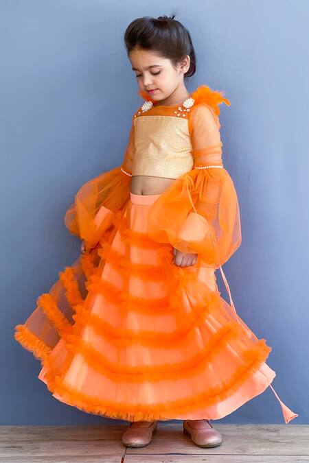Shop Pinkcow designs pvt ltd Orange Net, Crepe, Brocade Pearls, Feathers Embellished Top And Frill Lehenga Set Online at Aza Fashions Shop_Pinkcow designs pvt ltd_Orange Net, Crepe, Brocade Pearls, Feathers Embellished Top And Frill Lehenga Set _Online_at_Aza_Fashions
