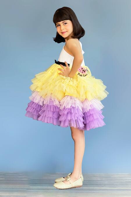 Shop Pinkcow designs pvt ltd Multi Color Neoprene, Tulle Sequins Ruffled One-shoulder Dress Online at Aza Fashions Shop_Pinkcow designs pvt ltd_Multi Color Neoprene, Tulle Sequins Ruffled One-shoulder Dress _Online_at_Aza_Fashions