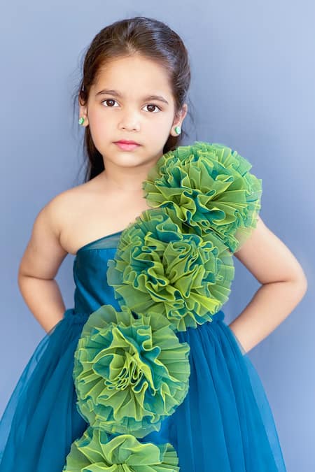 Shop_Pinkcow designs pvt ltd_Blue Taffeta, Crepe -poms Embellished One Shoulder Gown _Online_at_Aza_Fashions