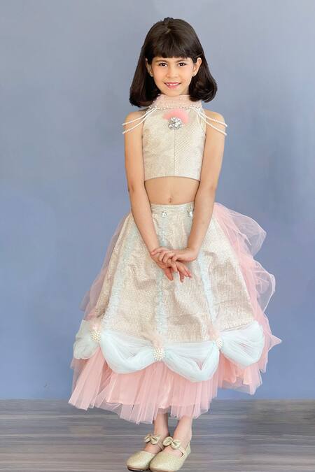 Shop Pinkcow designs pvt ltd Peach Brocade, Tulle Pearls Embellished And Draped Lehenga Set Online at Aza Fashions Shop_Pinkcow designs pvt ltd_Peach Brocade, Tulle Pearls Embellished And Draped Lehenga Set _Online_at_Aza_Fashions