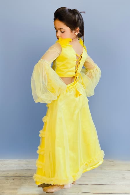 Buy Pinkcow designs pvt ltd Yellow Net, Crepe, Brocade Pearls, Feathers Embellished Top And Frill Lehenga Set Online at Aza Fashions Buy_Pinkcow designs pvt ltd_Yellow Net, Crepe, Brocade Pearls, Feathers Embellished Top And Frill Lehenga Set _Online_at_Aza_Fashions