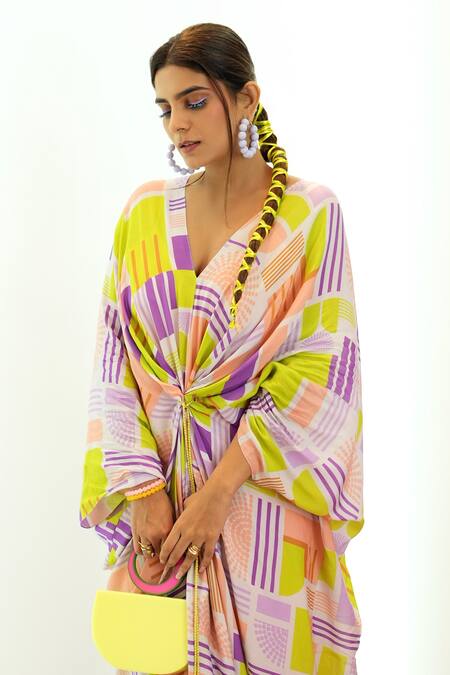 Nirmooha_Multi Color Muslin Plunge Neck Geometric Print Kaftan _at_Aza_Fashions