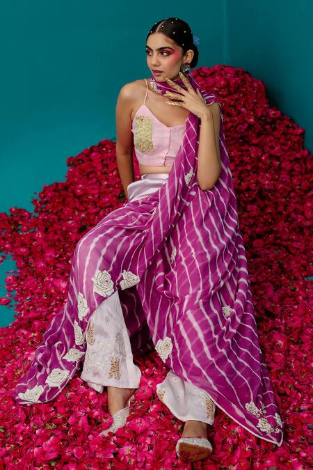 Latha Puttanna Pink Georgette Pearls Leheriya Embroidered Saree Online at Aza Fashions Latha Puttanna_Pink Georgette Pearls Leheriya Embroidered Saree_Online_at_Aza_Fashions