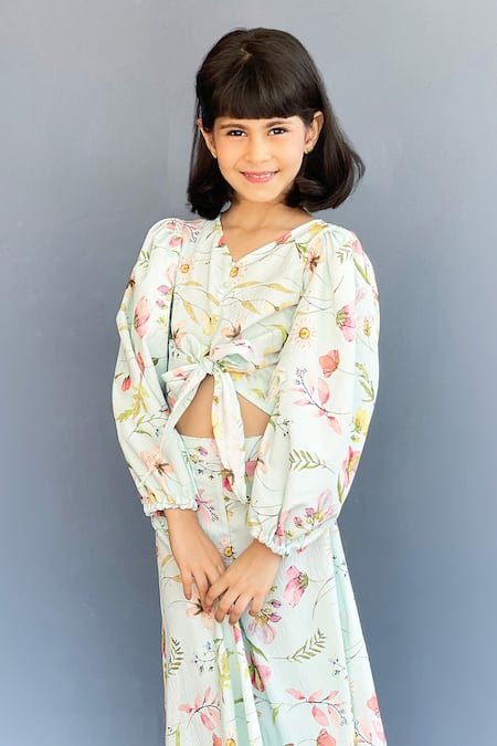 Buy_Pinkcow designs pvt ltd_White Crepe Floral Print Knotted Top And Palazzo Set _Online_at_Aza_Fashions