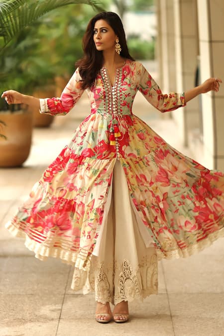 Shop_Gopi Vaid_Multi Color Kurta Silk Pant Round Layered Printed And Set _at_Aza_Fashions