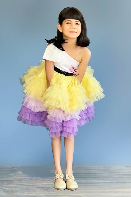 Pinkcow designs pvt ltd Multi Color Neoprene, Tulle Sequins Ruffled One-shoulder Dress at Aza Fashions Pinkcow designs pvt ltd_Multi Color Neoprene, Tulle Sequins Ruffled One-shoulder Dress _at_Aza_Fashions