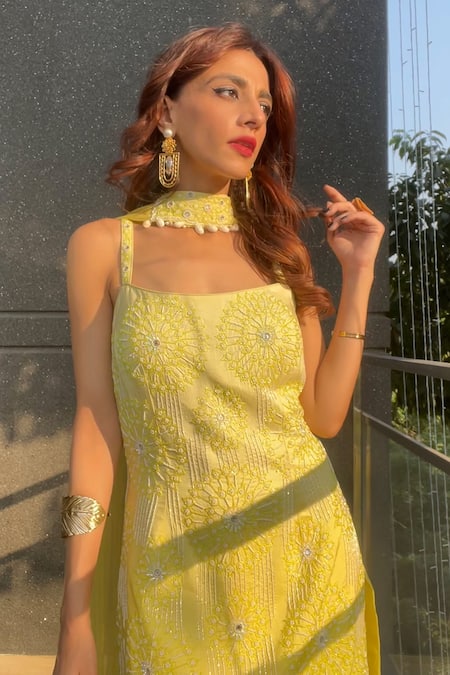 Shop Nitisha Kashyap Official Yellow Georgette, Net, Silk Sequins, Beads, Floral Embroidered Kurta Sharara Set Online at Aza Fashions Shop_Nitisha Kashyap Official_Yellow Georgette, Net, Silk Sequins, Beads, Floral Embroidered Kurta Sharara Set _Online_at_Aza_Fashions