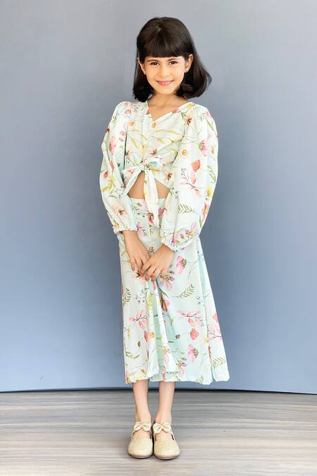 Shop_Pinkcow designs pvt ltd_White Crepe Floral Print Knotted Top And Palazzo Set _Online_at_Aza_Fashions