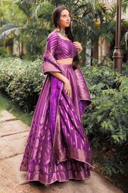 Shop_Safaa_Purple Velvet Embroidery Asymmetric The Benazir Lehenga Set _Online_at_Aza_Fashions