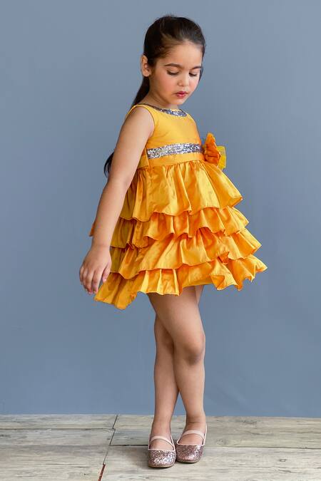 Shop Pinkcow designs pvt ltd Yellow Taffeta, Crepe Glitter, Embroidery Flower Embellished Ruffle Dress Online at Aza Fashions Shop_Pinkcow designs pvt ltd_Yellow Taffeta, Crepe Glitter, Embroidery Flower Embellished Ruffle Dress _Online_at_Aza_Fashions