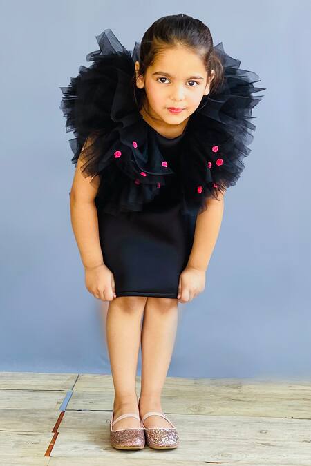 Buy_Pinkcow designs pvt ltd_Black Neoprene, Net Embroidery Embellished Roses Frill Dress _Online_at_Aza_Fashions