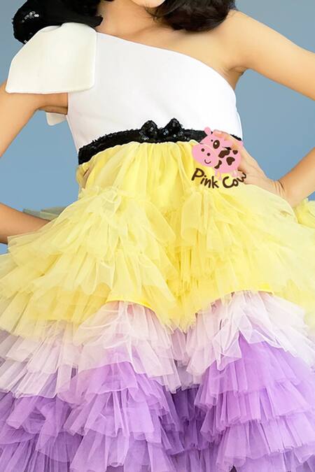 Buy Pinkcow designs pvt ltd Multi Color Neoprene, Tulle Sequins Ruffled One-shoulder Dress Buy_Pinkcow designs pvt ltd_Multi Color Neoprene, Tulle Sequins Ruffled One-shoulder Dress