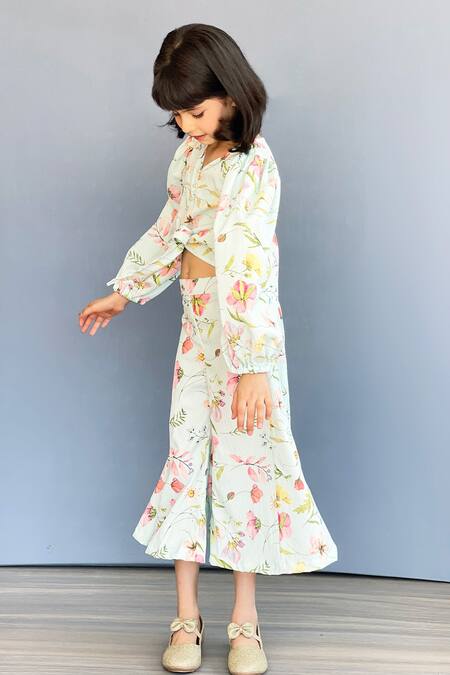 Pinkcow designs pvt ltd_White Crepe Floral Print Knotted Top And Palazzo Set _at_Aza_Fashions