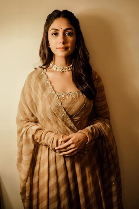 Paulmi And Harsh_Beige Cotton Silk And Georgette Cutdana, Mirror, Dabka, Anarkali With Dupatta _at_Aza_Fashions