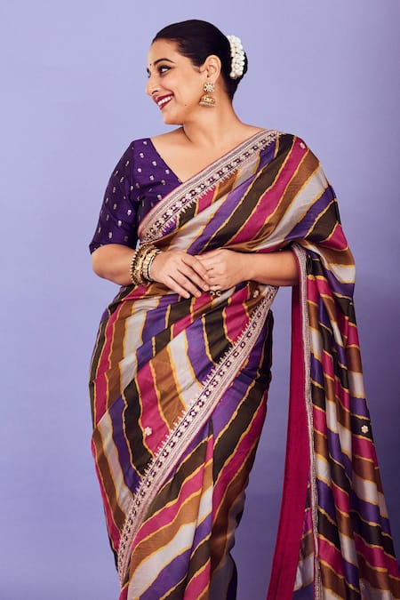 Shop_Punit Balana_Pink Organza Silk And Embroidery Stripe & Marodi Saree With Blouse _Online_at_Aza_Fashions