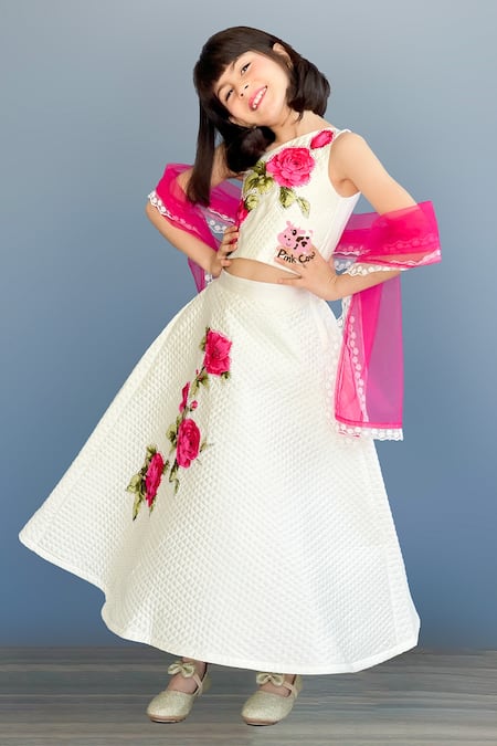 Pinkcow designs pvt ltd Cream Taffeta, Cotton Applique, Lace Hand Embroidered Lehenga Set at Aza Fashions Pinkcow designs pvt ltd_Cream Taffeta, Cotton Applique, Lace Hand Embroidered Lehenga Set _at_Aza_Fashions