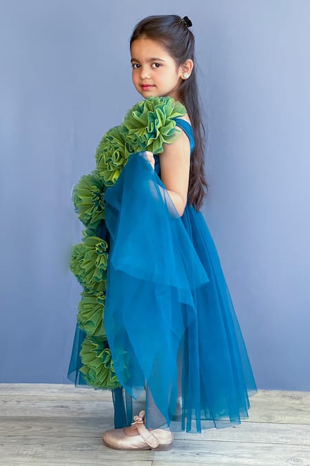 Pinkcow designs pvt ltd_Blue Taffeta, Crepe -poms Embellished One Shoulder Gown _at_Aza_Fashions