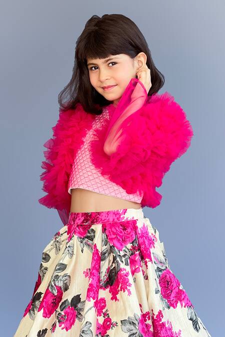 Pinkcow designs pvt ltd Pink Silk, Chiffon Ruffles Floral Print Kalidar Lehenga Set Online at Aza Fashions Pinkcow designs pvt ltd_Pink Silk, Chiffon Ruffles Floral Print Kalidar Lehenga Set _Online_at_Aza_Fashions