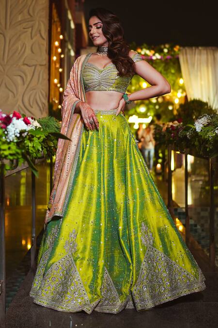 Buy Matsya Green Silk Dori, Zardozi And Mirror Work One The Iconic Winged Temple Lehenga Set Buy_Matsya_Green Silk Dori, Zardozi And Mirror Work One The Iconic Winged Temple Lehenga Set