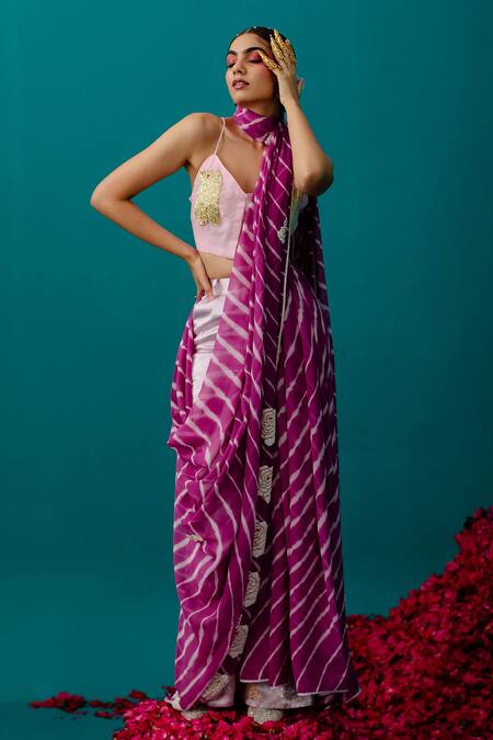 Buy Latha Puttanna Pink Georgette Pearls Leheriya Embroidered Saree Online at Aza Fashions Buy_Latha Puttanna_Pink Georgette Pearls Leheriya Embroidered Saree_Online_at_Aza_Fashions