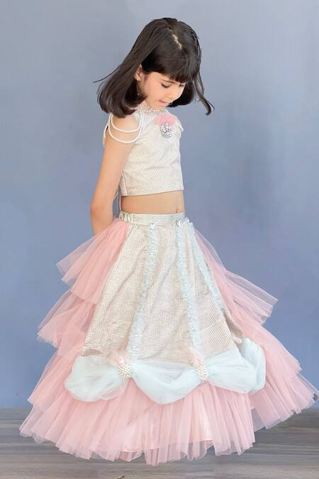 Pinkcow designs pvt ltd Peach Brocade, Tulle Pearls Embellished And Draped Lehenga Set at Aza Fashions Pinkcow designs pvt ltd_Peach Brocade, Tulle Pearls Embellished And Draped Lehenga Set _at_Aza_Fashions