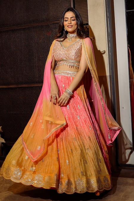 Buy Basanti - Kapde Aur Koffee Pink Chiffon, Net Embroidery, Cut Work, Ombre Effect Bandhani Print Lehenga Set Buy_Basanti - Kapde Aur Koffee_Pink Chiffon, Net Embroidery, Cut Work, Ombre Effect Bandhani Print Lehenga Set