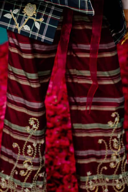Latha Puttanna_Maroon Karnataka Silk Embroidered Creeper Striped And Pant_Online_at_Aza_Fashions