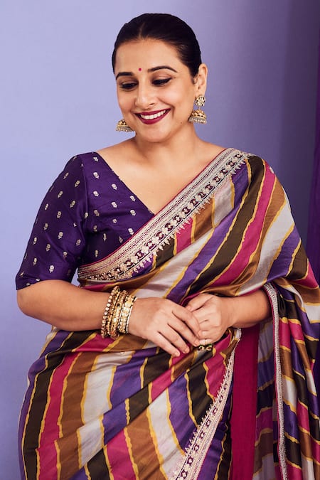 Punit Balana_Pink Organza Silk And Embroidery Stripe & Marodi Saree With Blouse _at_Aza_Fashions