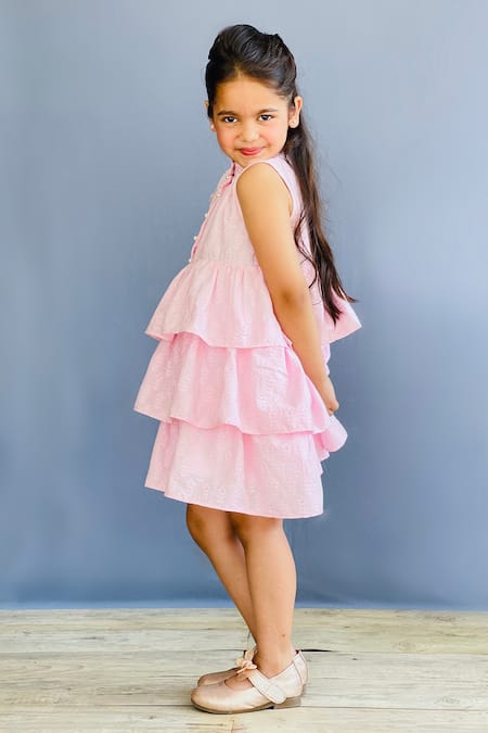 Pinkcow designs pvt ltd_Pink Cotton Embroidery Floral Hakoba Dress _Online_at_Aza_Fashions