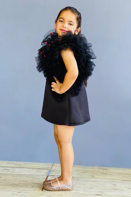 Shop_Pinkcow designs pvt ltd_Black Neoprene, Net Embroidery Embellished Roses Frill Dress _Online_at_Aza_Fashions