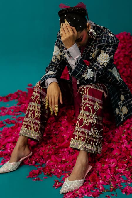 Buy_Latha Puttanna_Maroon Karnataka Silk Embroidered Creeper Striped And Pant_Online_at_Aza_Fashions