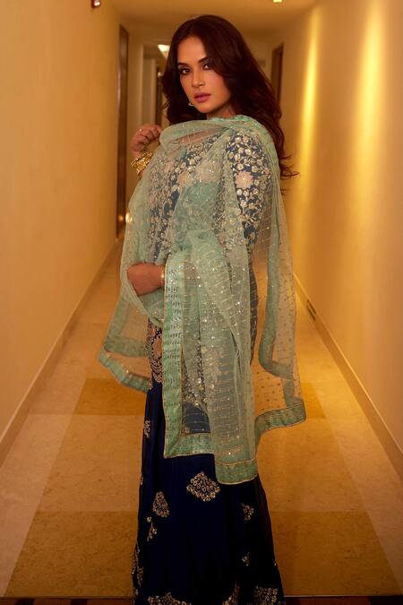 Shop Osaa By Adarsh Blue Mulberry Silk Thread And Sequin, Floral Embroidered Kurta Sharara Set Shop_Osaa By Adarsh_Blue Mulberry Silk Thread And Sequin, Floral Embroidered Kurta Sharara Set