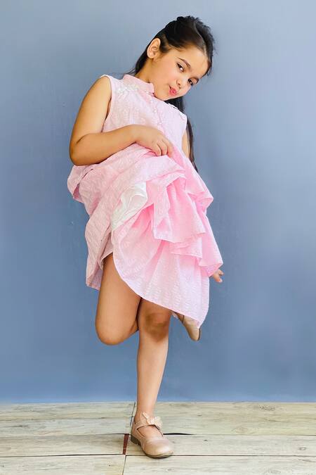 Buy_Pinkcow designs pvt ltd_Pink Cotton Embroidery Floral Hakoba Dress _Online_at_Aza_Fashions