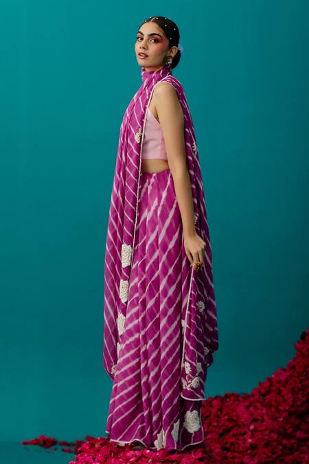 Latha Puttanna Pink Georgette Pearls Leheriya Embroidered Saree at Aza Fashions Latha Puttanna_Pink Georgette Pearls Leheriya Embroidered Saree_at_Aza_Fashions