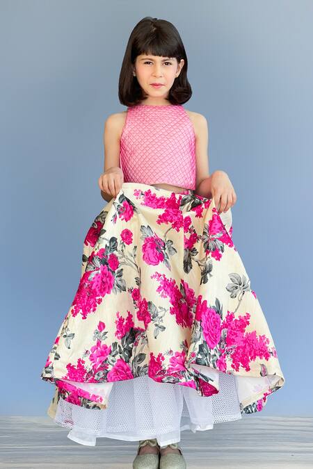 Shop Pinkcow designs pvt ltd Pink Silk, Chiffon Ruffles Floral Print Kalidar Lehenga Set Online at Aza Fashions Shop_Pinkcow designs pvt ltd_Pink Silk, Chiffon Ruffles Floral Print Kalidar Lehenga Set _Online_at_Aza_Fashions