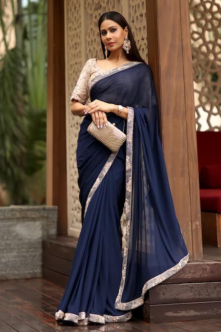 Aariyana Couture - Blue Saree Viscose Georgette Blouse Dupion With  Embellished For Women