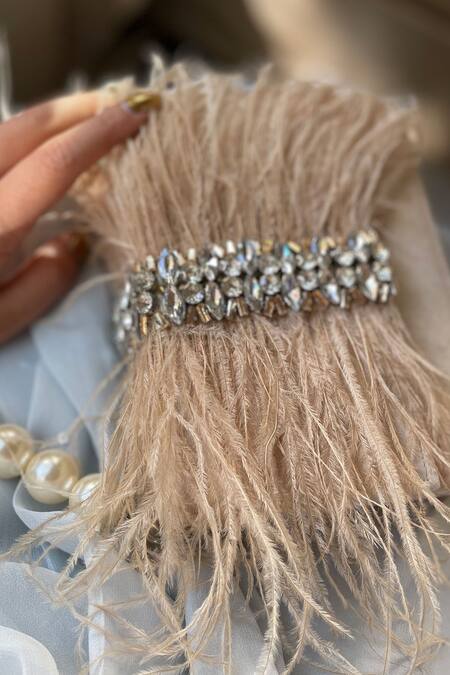 Buy_Bhavna Kumar_Beige Feather Trims And Stones Embellished Fringe Clutch_Online_at_Aza_Fashions