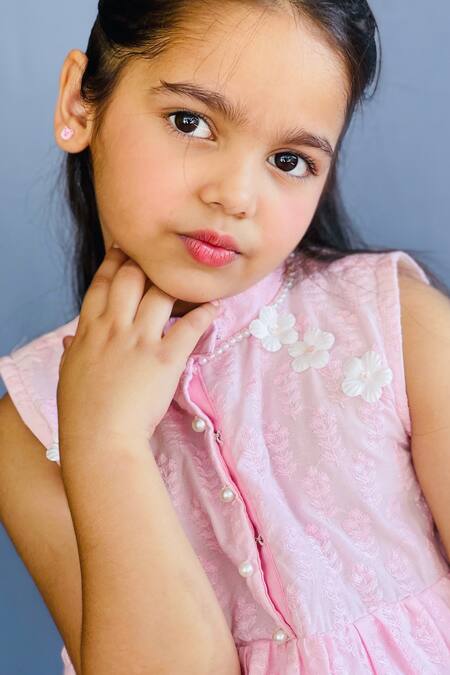 Shop_Pinkcow designs pvt ltd_Pink Cotton Embroidery Floral Hakoba Dress _Online_at_Aza_Fashions