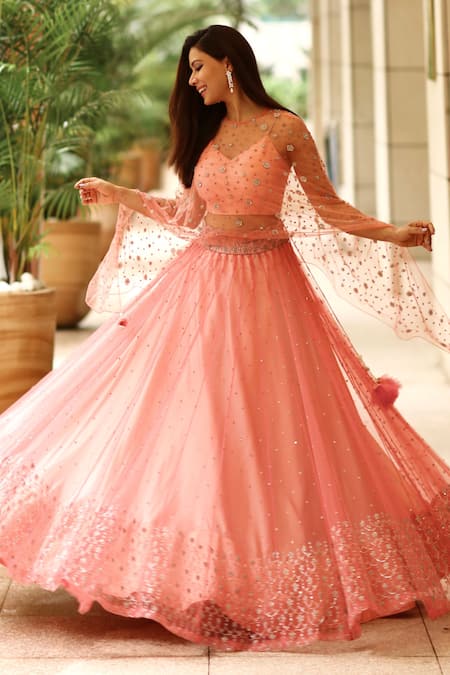 Aariyana Couture Coral Net Cape Roundbustier Sweetheart Embroidered Lehenga Set 