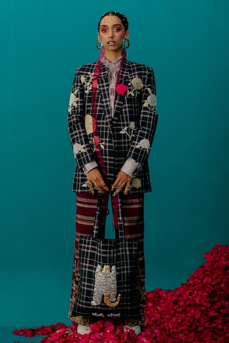 Shop_Latha Puttanna_Maroon Karnataka Silk Embroidered Creeper Striped And Pant_Online_at_Aza_Fashions