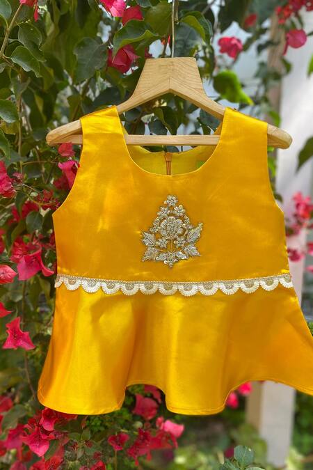 Tiny Pants Gold Georgette, Satin Embroidery, Zari Top With Jacquard Shell Pattern Sharara Online at Aza Fashions Tiny Pants_Gold Georgette, Satin Embroidery, Zari Top With Jacquard Shell Pattern Sharara_Online_at_Aza_Fashions