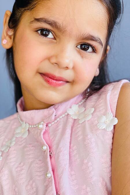 Pinkcow designs pvt ltd_Pink Cotton Embroidery Floral Hakoba Dress _at_Aza_Fashions