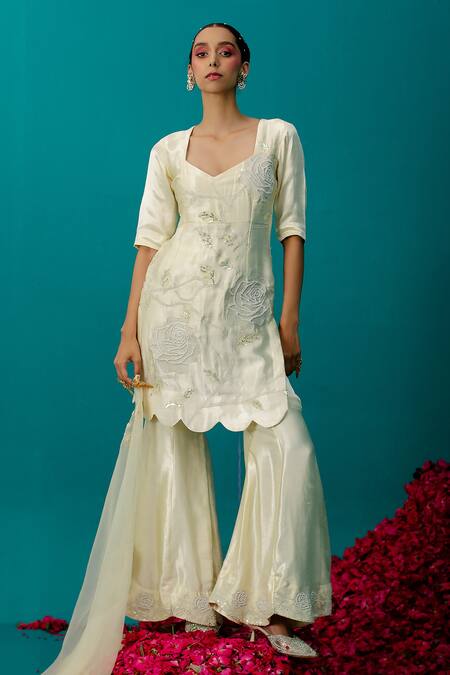 Shop Latha Puttanna Yellow Mashru Silk Embroidered Floral V Neck Kurta And Sharara Set Online at Aza Fashions Shop_Latha Puttanna_Yellow Mashru Silk Embroidered Floral V Neck Kurta And Sharara Set _Online_at_Aza_Fashions